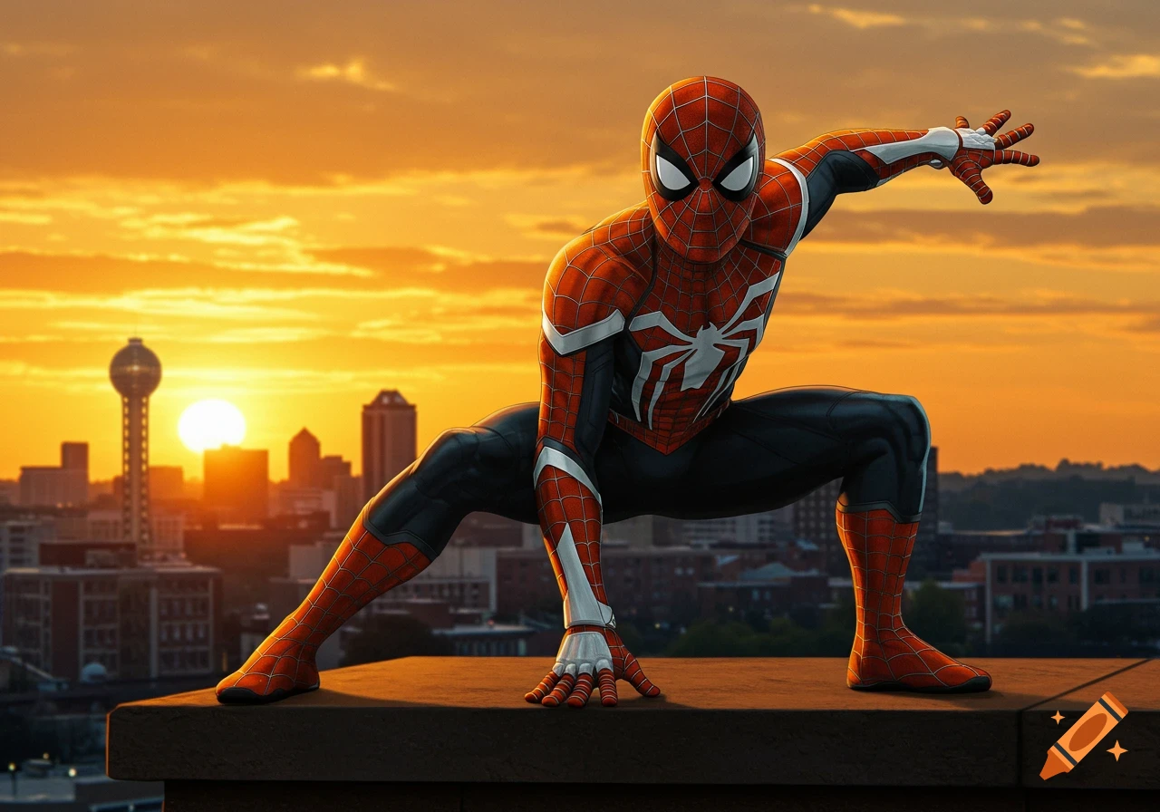 Spider-Man crouches on a city rooftop at sunset, looking heroic.