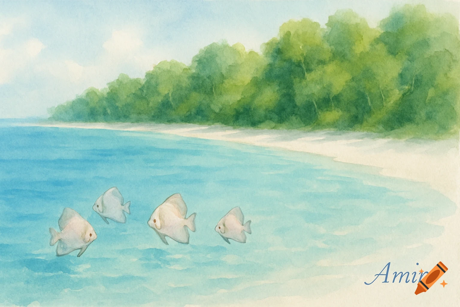 Watercolor painting of a tropical beach with lush trees, calm blue sea, and several white batfish. Signature 'Amir'.