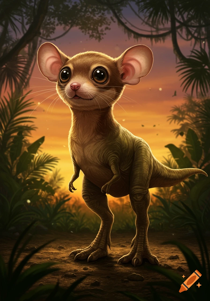 A cute, brown fantasy creature with large ears and eyes, a chihuahua-like body, and t-rex legs stands in a jungle at sunset.