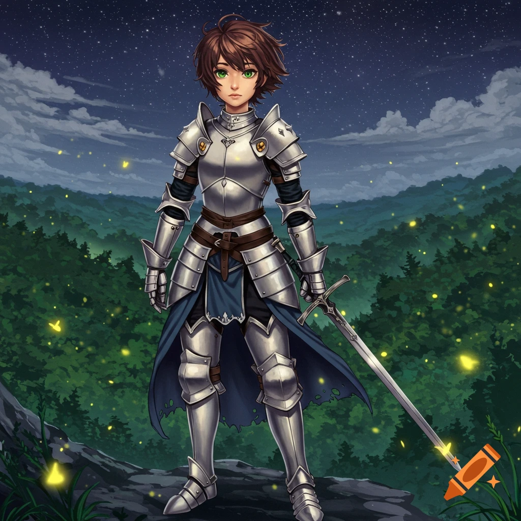 An anime girl knight in silver armor, with short brown hair and green eyes, holds a sword while standing on a rock in a firefly-lit forest at night under a starry sky.