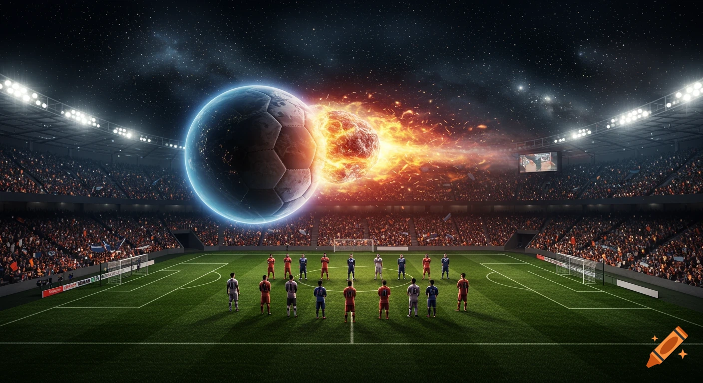 A massive soccer stadium at night with players on the field. Above, a giant glowing soccer ball collides with a fiery celestial body in a starry sky.