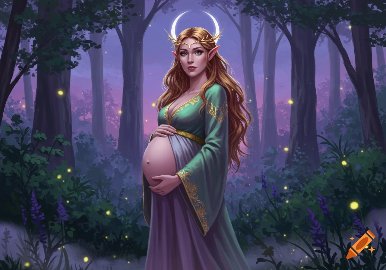 A pregnant elf with long blonde hair and a crescent moon crown stands in a magical, glowing forest.