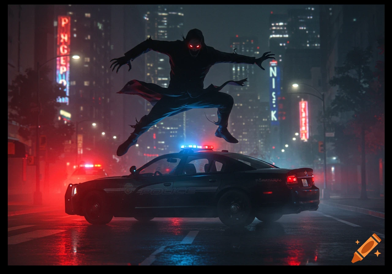 A shadowy creature with glowing red eyes leaps over a police car on a wet city street at night, surrounded by neon lights.