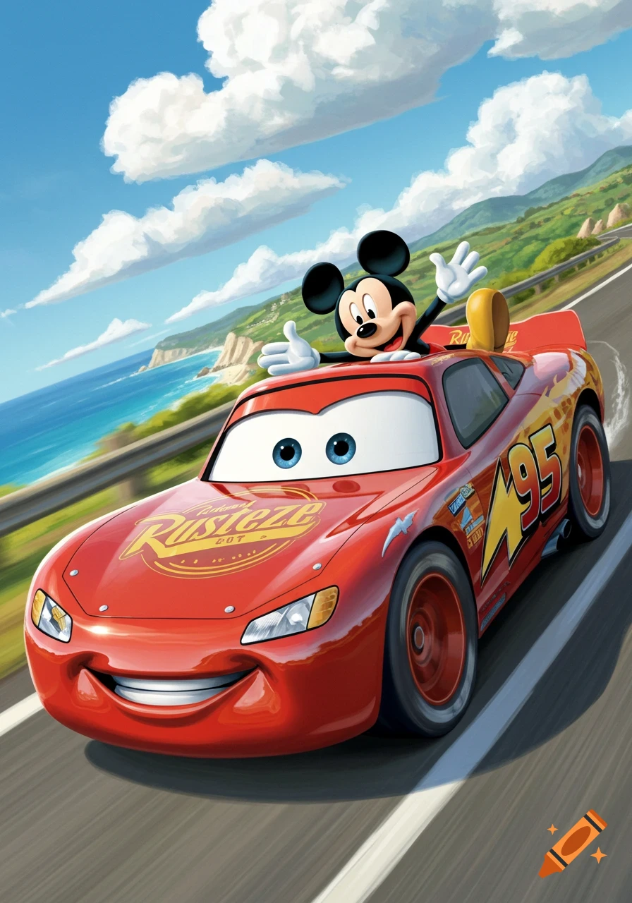 Mickey Mouse waves from a red Lightning McQueen racing along a coastal highway on a sunny day.