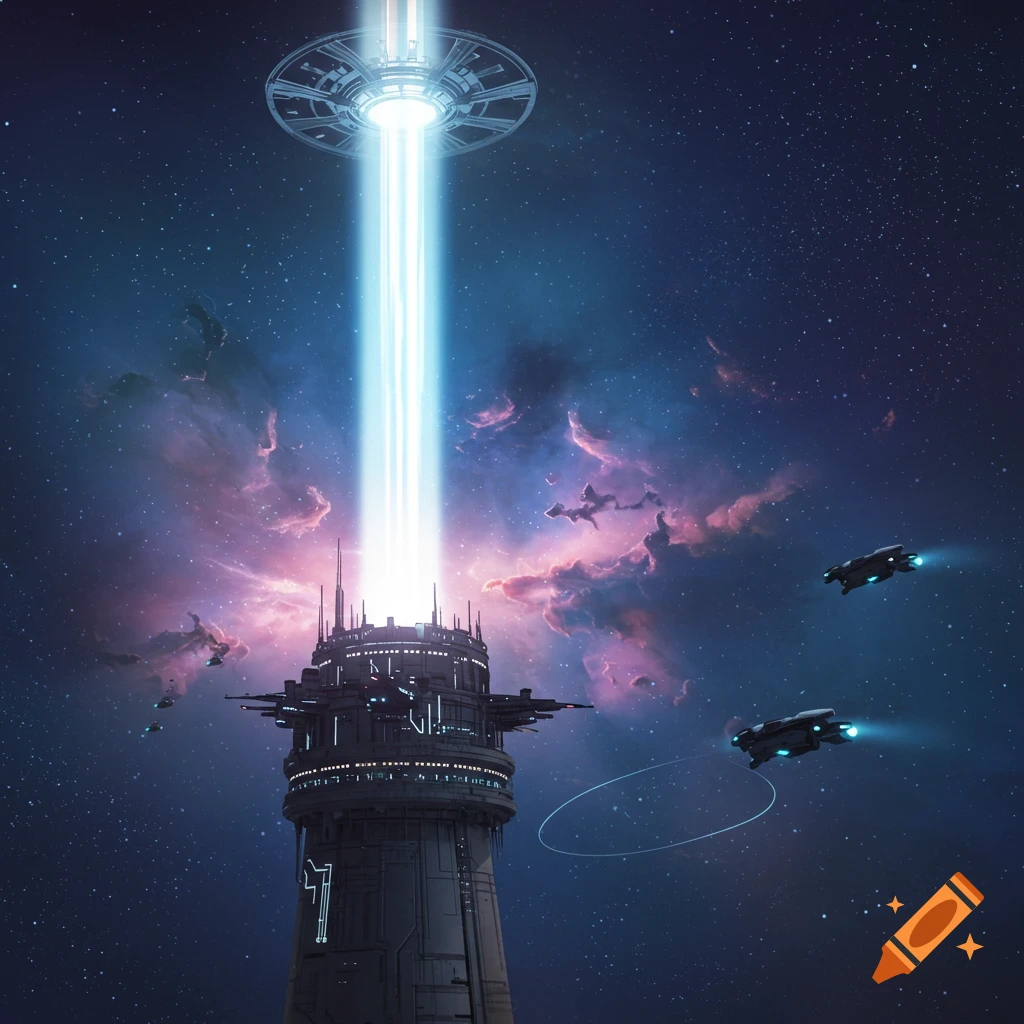 A futuristic lighthouse-like structure in deep space, illuminated by a bright beam from a UFO above, with small spaceships flying nearby against a backdrop of stars and colorful nebulae.