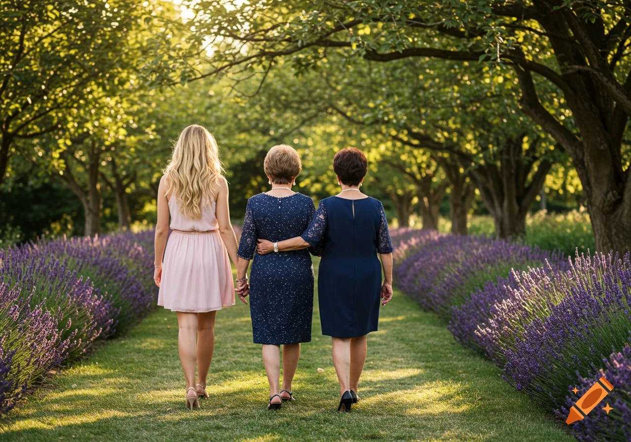 Three women walk away from the camera on a grassy path lined with lavender and trees, bathed in golden sunlight.