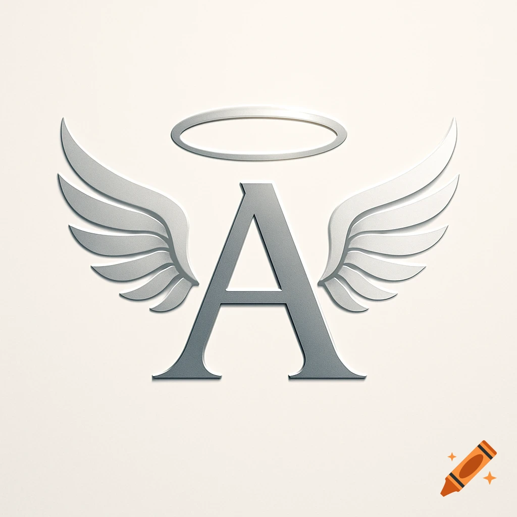 A silver capital letter A with stylized wings on either side and a halo above, set against a light background.