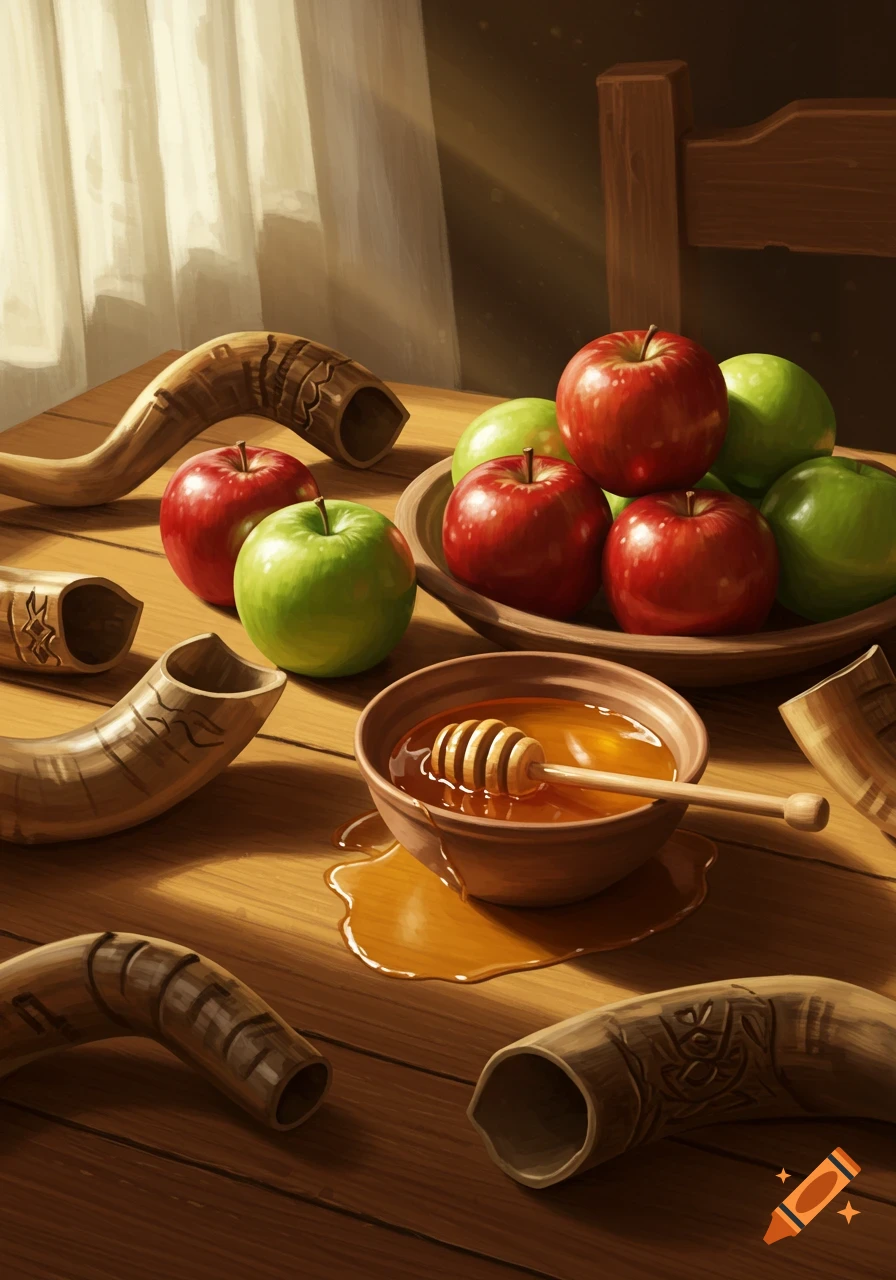 Red and green apples, a bowl of honey with a dipper, and multiple shofars on a wooden table in a painterly style.