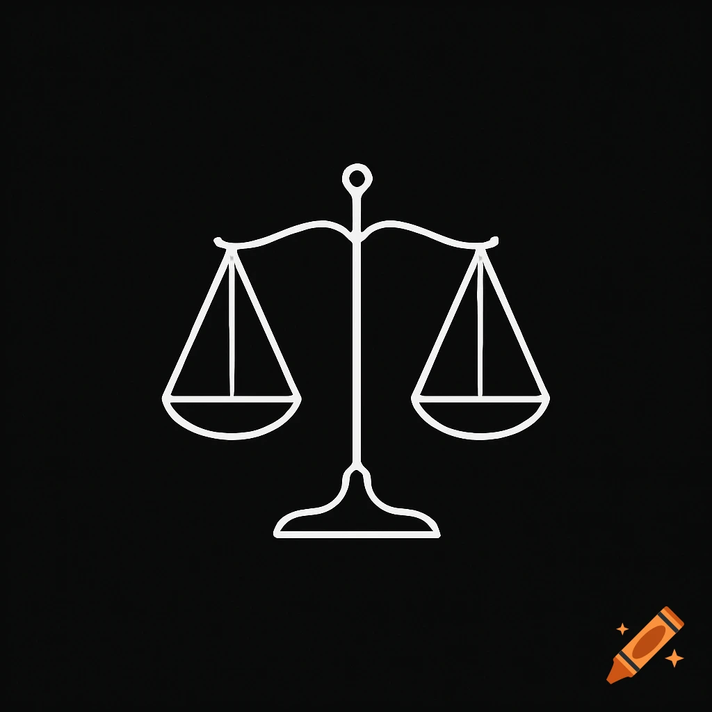 A minimalist white outline of a balance scale with two triangular pans on a black background.