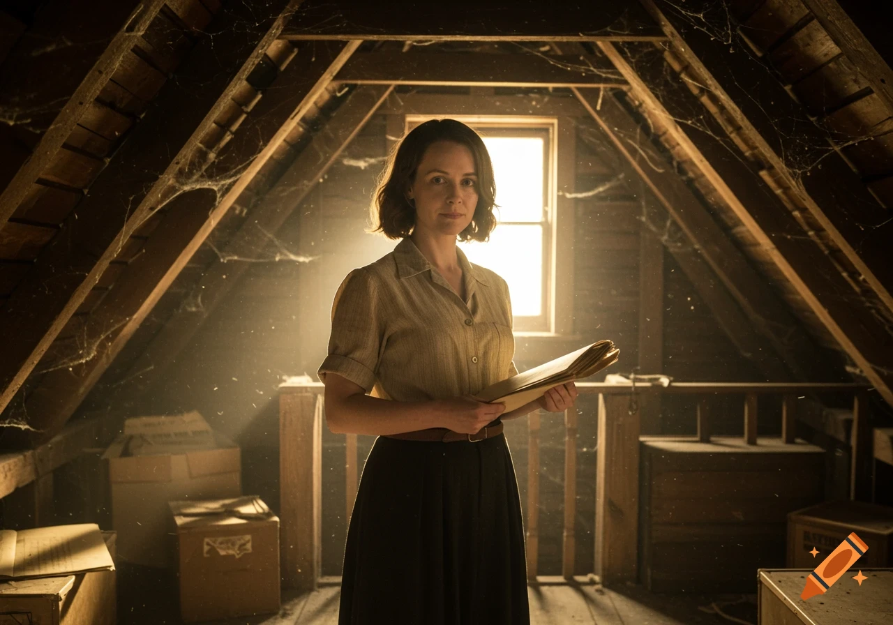 A woman with shoulder-length brown hair, wearing a 1940s blouse and skirt, stands in a dusty, dimly lit attic, holding old papers. Wooden beams and boxes are visible.