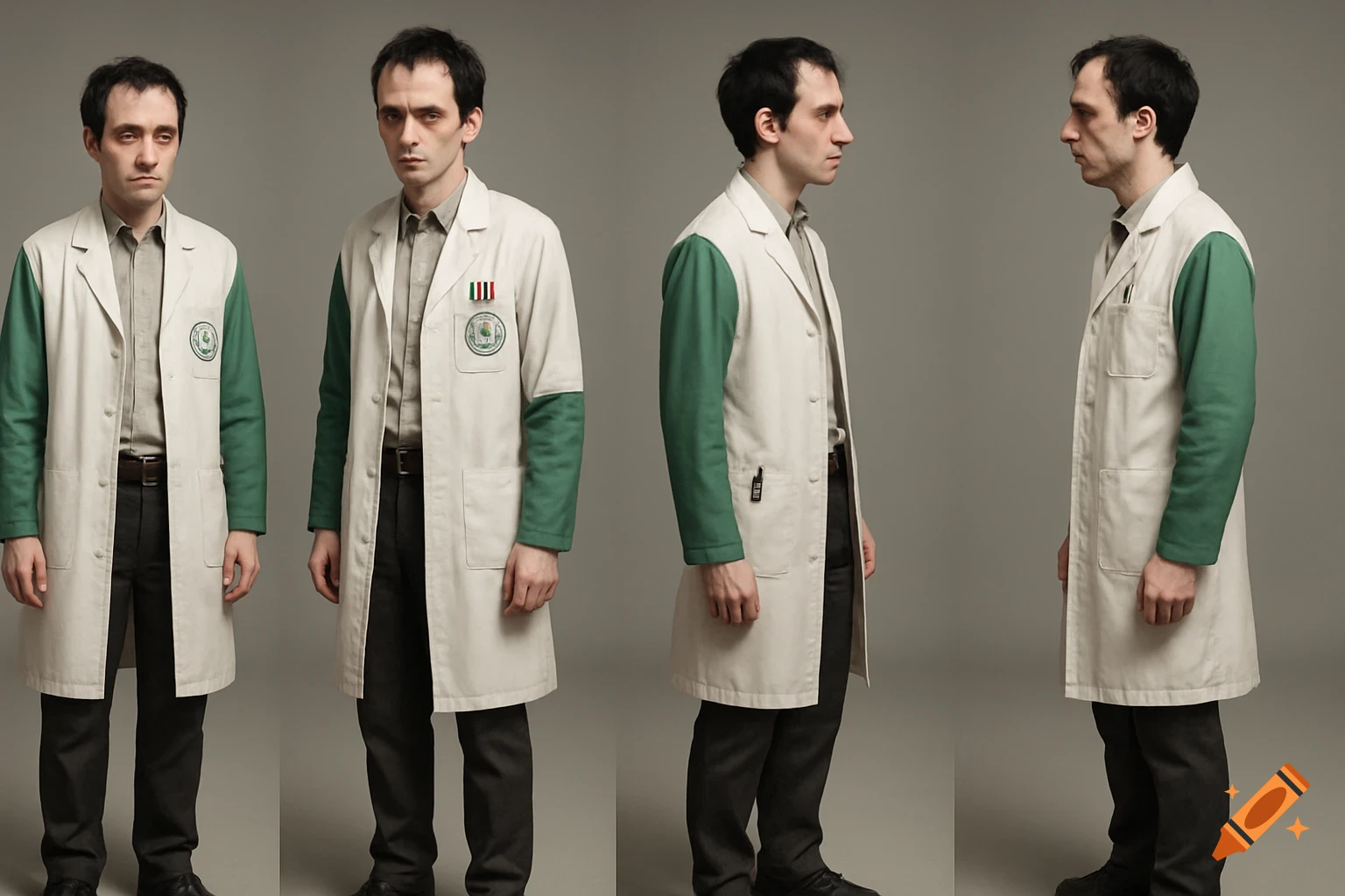 360-degree view of a pale male scientist with short black hair and tired eyes, wearing a knee-length lab coat with green sleeves and an emblem.