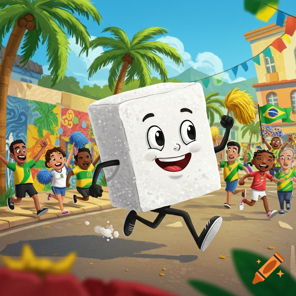 A cheerful cartoon sugar cube with arms and legs runs on a street in Brazil, chased by smiling fans waving Brazilian flags and pom-poms.