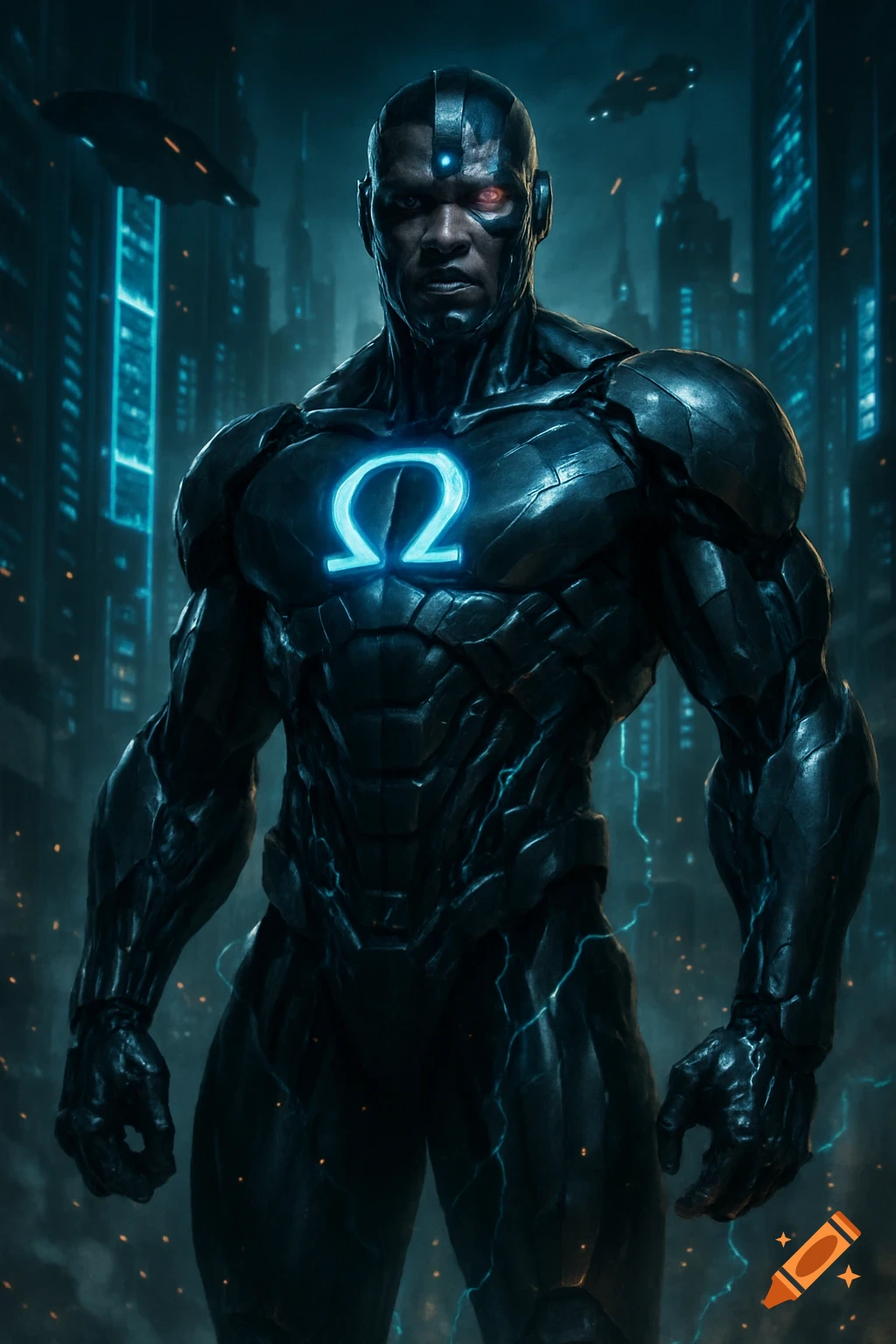 A powerful cybernetic superhero in black armor with a glowing blue Omega symbol on his chest stands against a dark, futuristic city background.