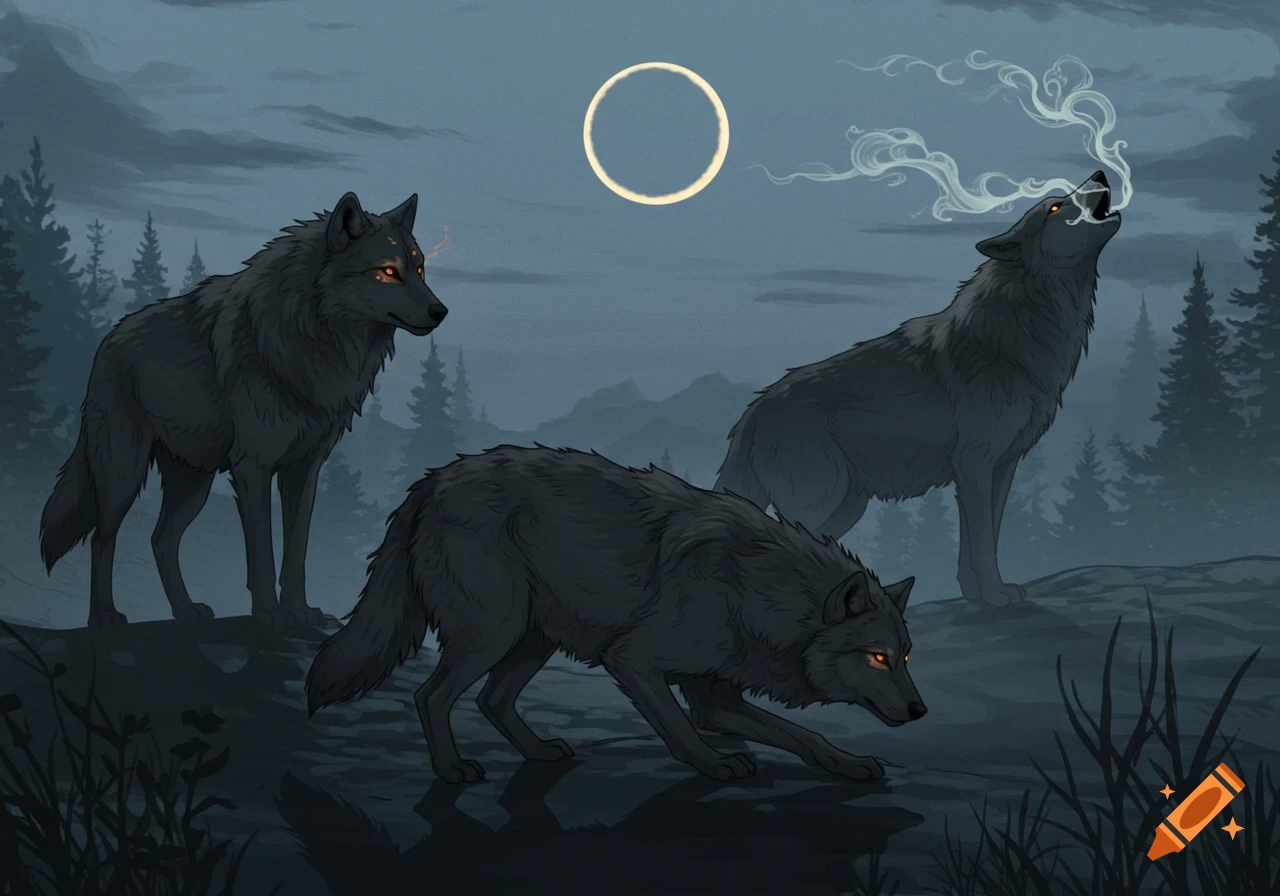 Illustrated depiction of three black wolves with glowing eyes in a dark forest at night under a ringed moon, one howling with smoke.