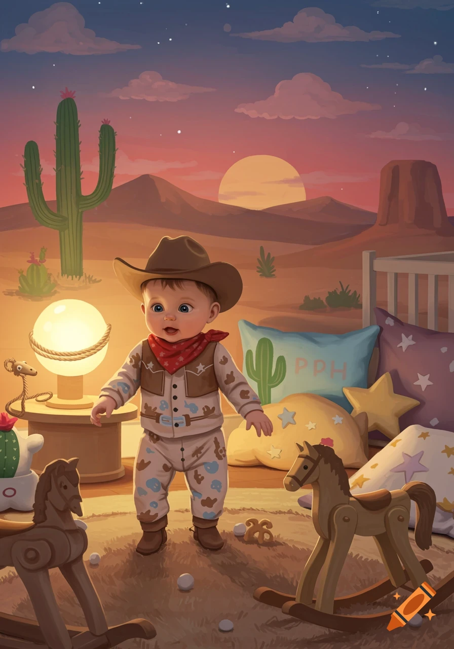 A cute baby in a cowboy outfit stands on a rug with rocking horses, in a stylized desert-themed room at sunset.