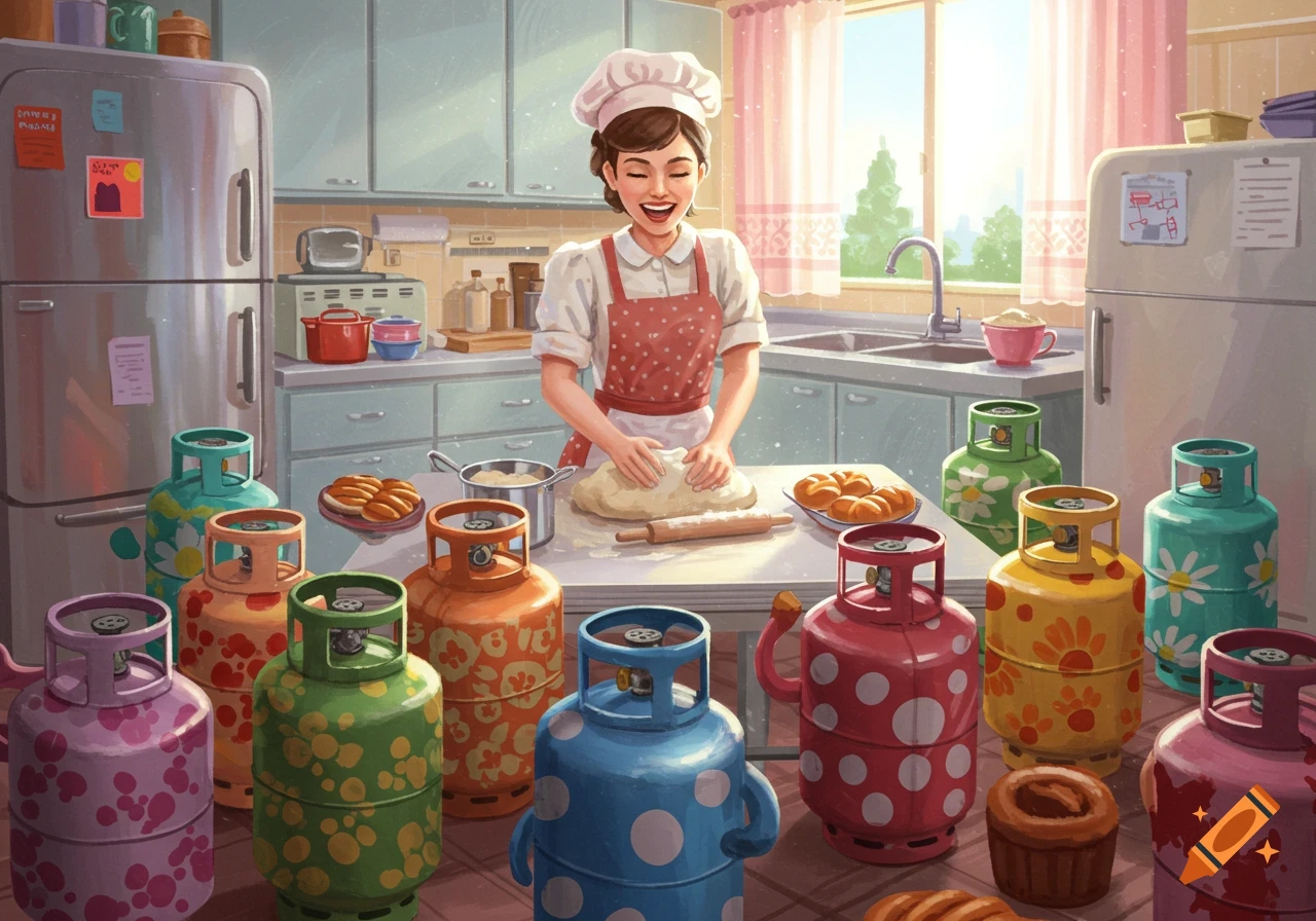 A smiling woman bakes in a cozy, illustrated kitchen, kneading dough on a counter surrounded by colorful, patterned propane tanks.
