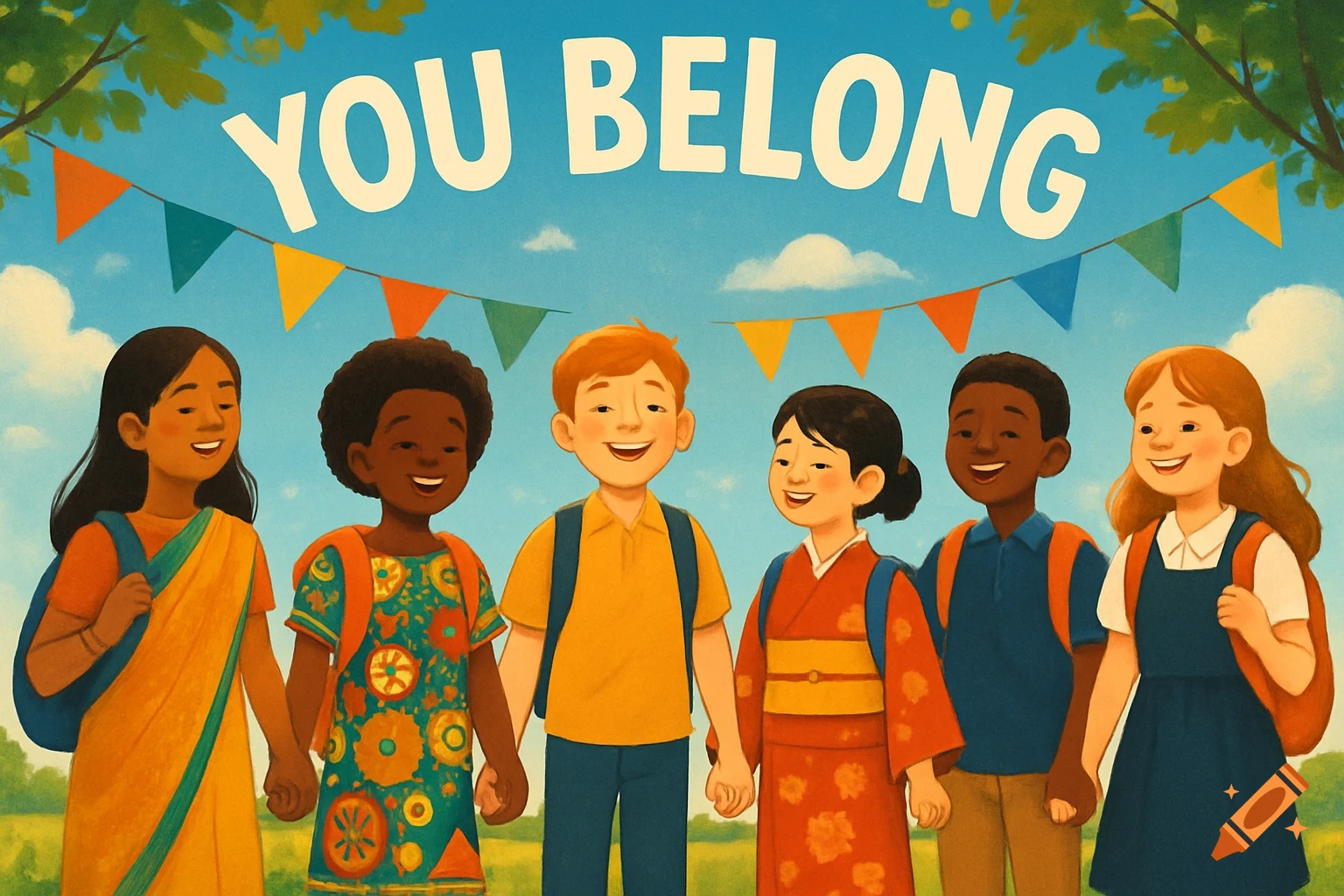 Diverse group of smiling children holding hands under a banner that reads 'YOU BELONG' with colorful flags. Illustration style.