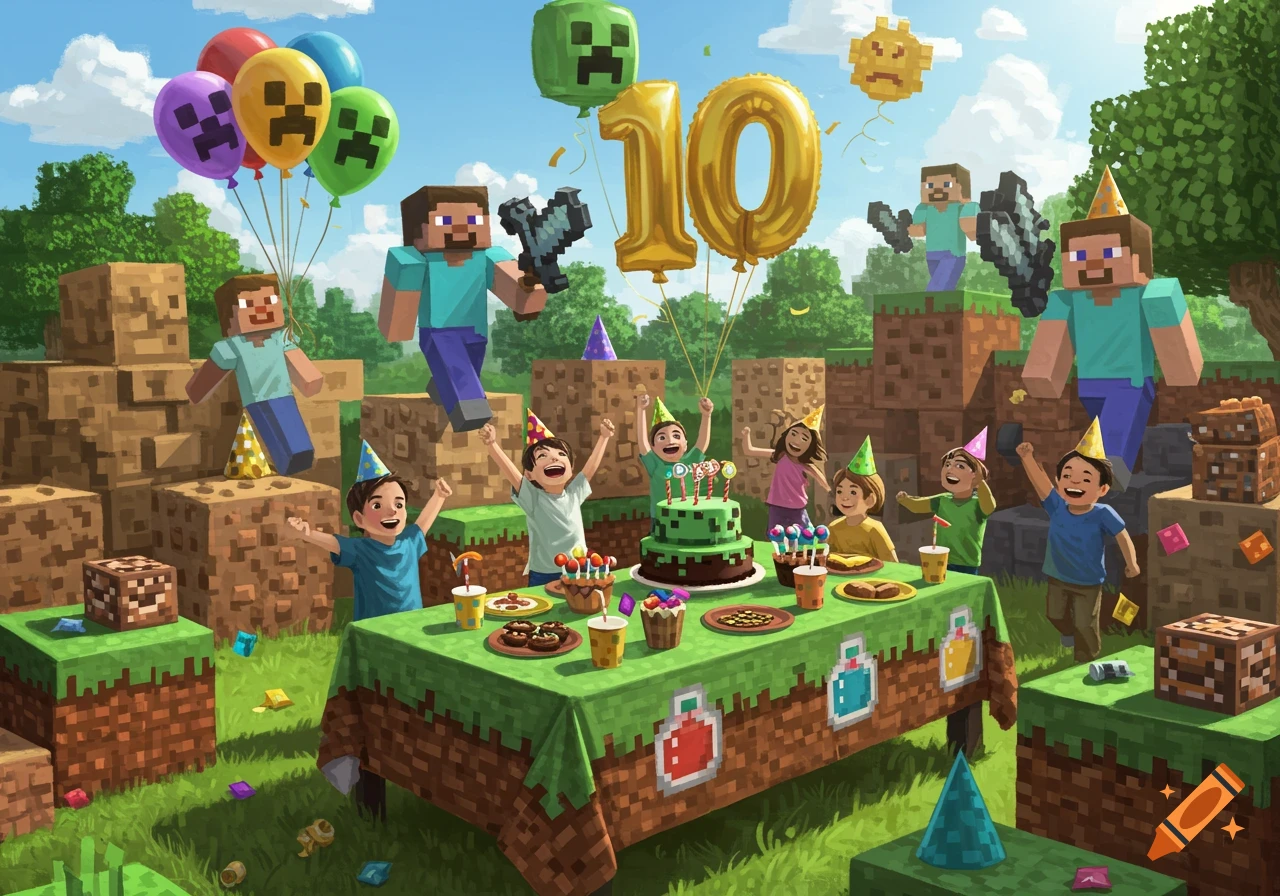 A Minecraft-themed birthday party with children, blocky characters like Steve, a '10' balloon, and a green cake in a grassy block-world setting.
