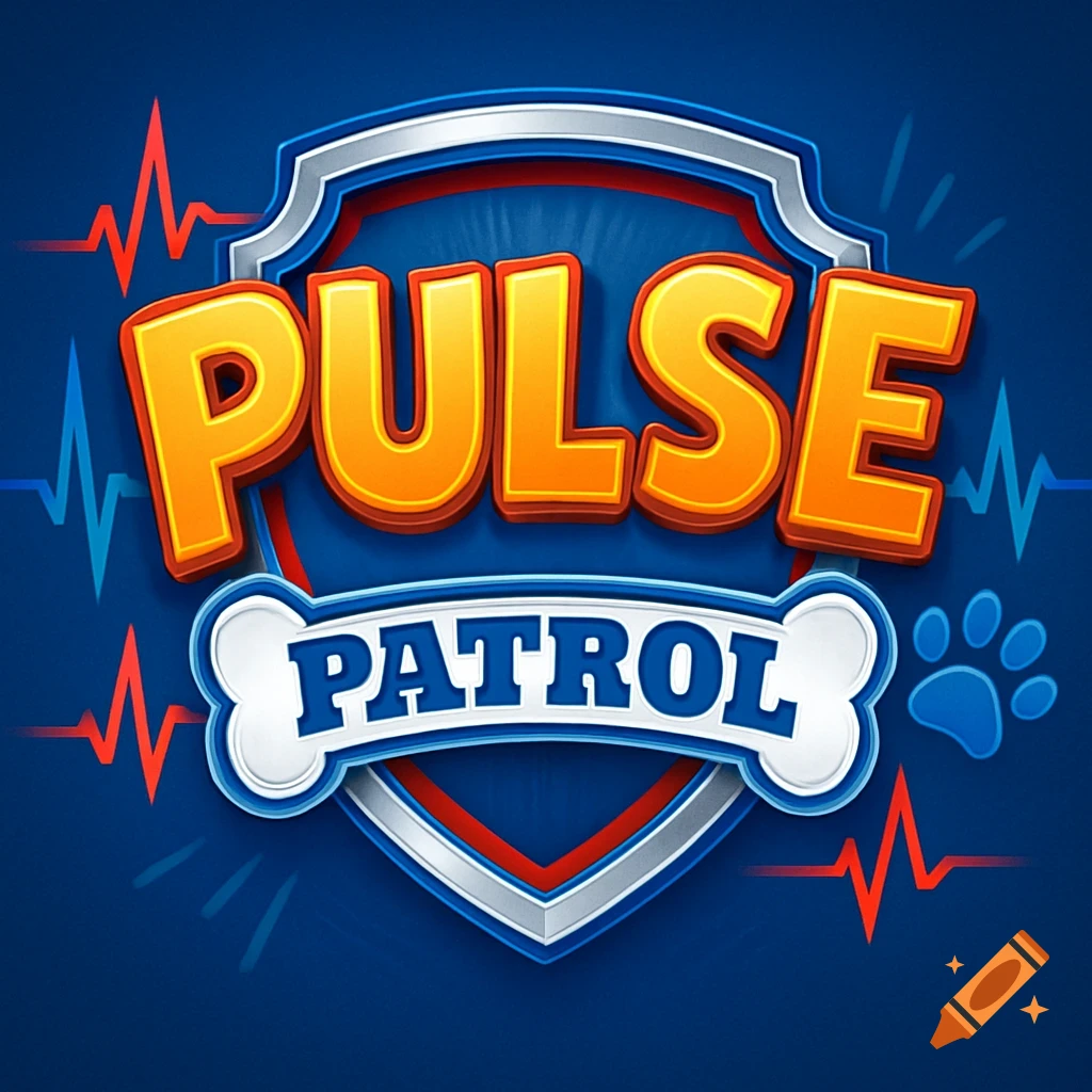 A vibrant blue and orange logo for 'PULSE PATROL' in the style of Paw Patrol, featuring a shield, bone, paw print, and EKG lines.
