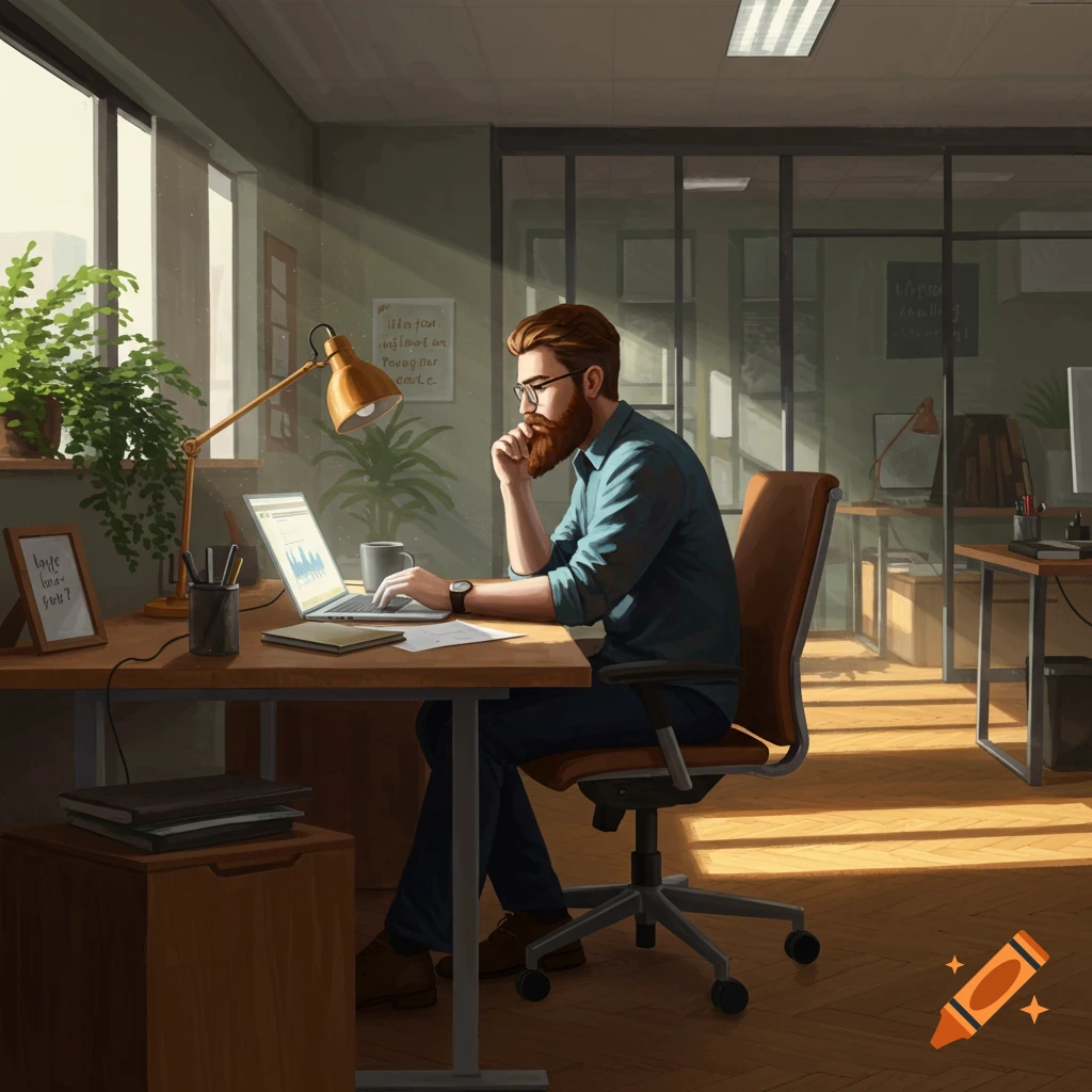 A bearded man wearing glasses works on a laptop at a sunlit office desk.