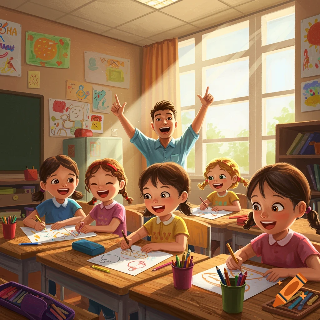 A bright illustration of a male teacher cheering as diverse children happily draw at desks in a sunny classroom.