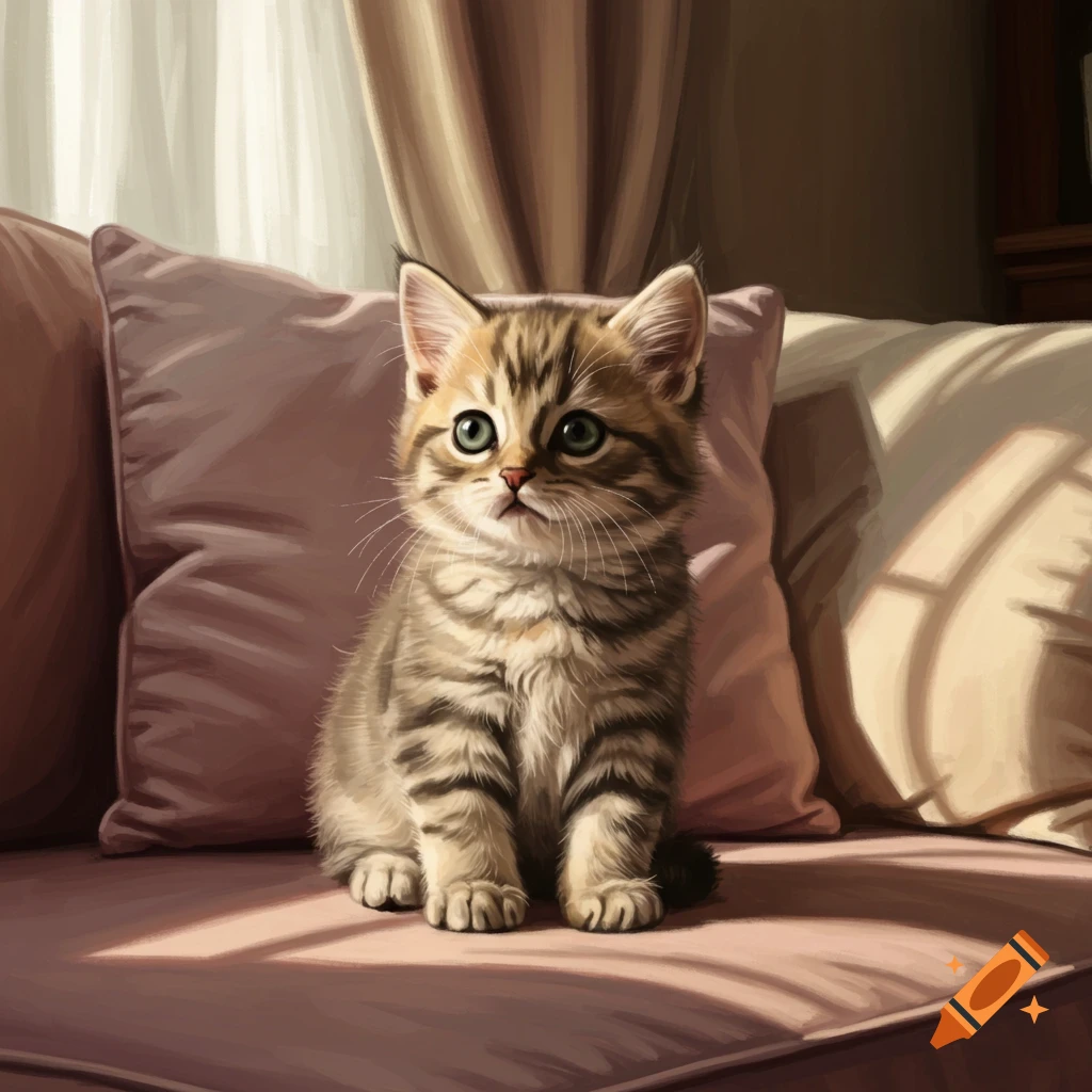 A cute tabby kitten with green eyes sits on a pink couch, bathed in sunlight from a window, looking up.