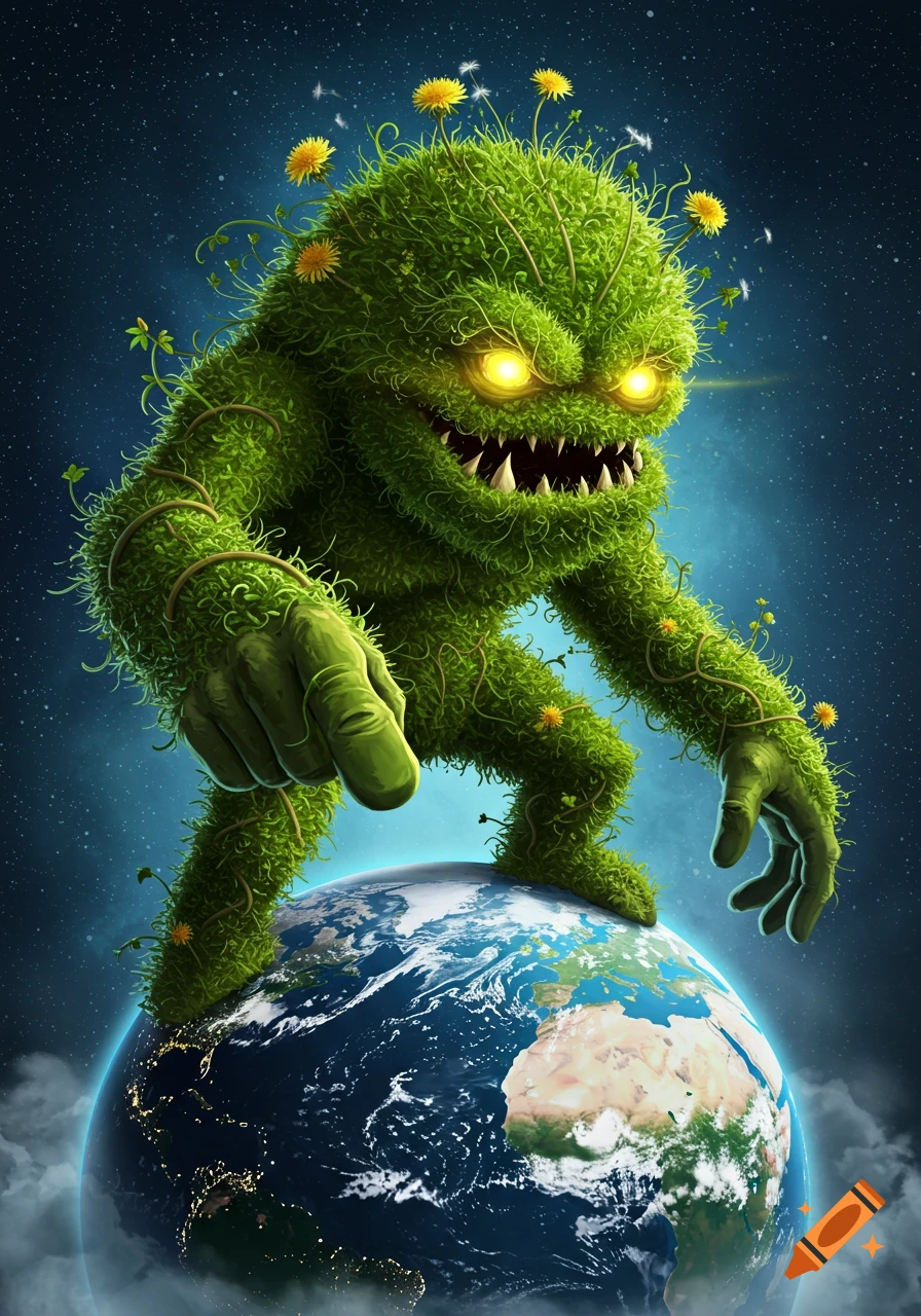 A vibrant illustration of a green, hairy plant monster with glowing yellow eyes standing on planet Earth and pointing.