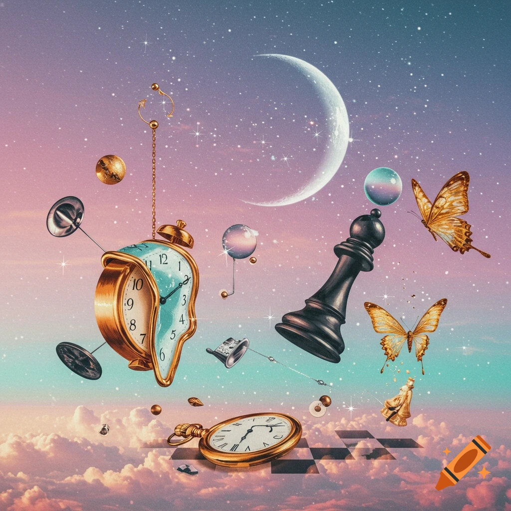 A surreal digital artwork featuring a melting golden clock and a pocket watch, a black chess bishop, and golden butterflies floating in a starry sky with a crescent moon and pink clouds.