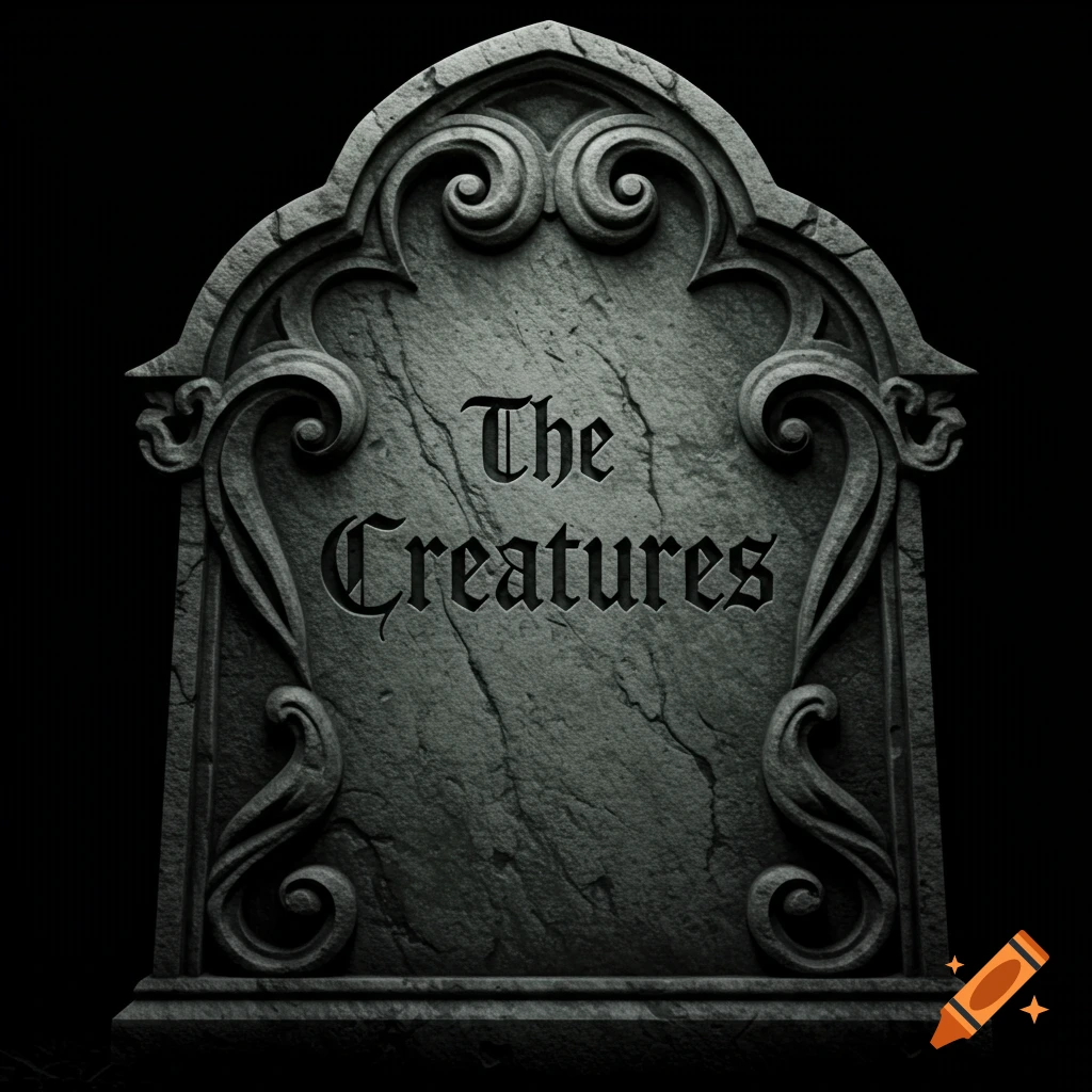 A detailed gothic tombstone with ornate carvings, featuring the words 'The Creatures' etched into its surface on a black background.