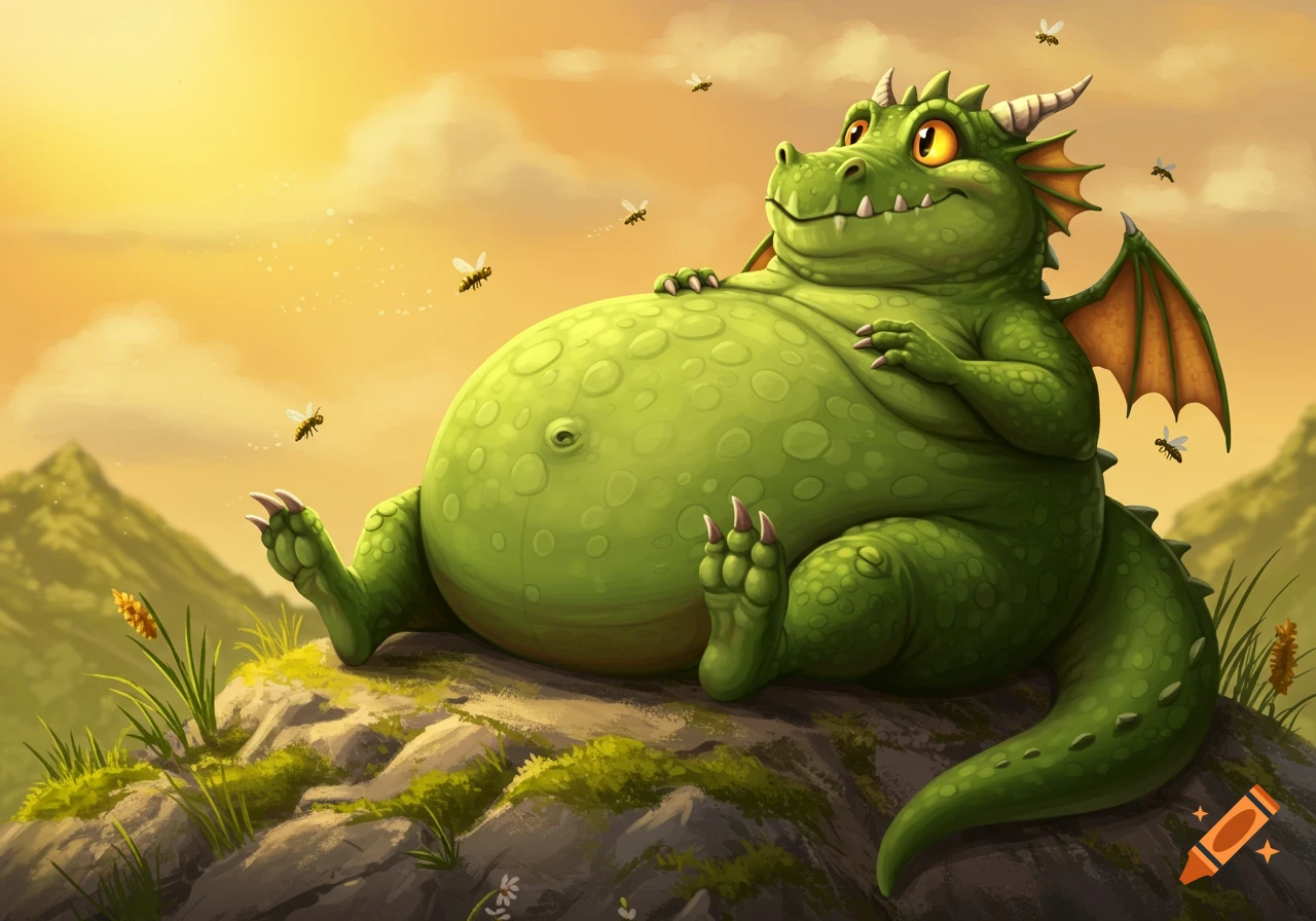 A cartoonish, plump green dragon with small wings smiles while resting on a mossy rock against a golden sky with flying insects.
