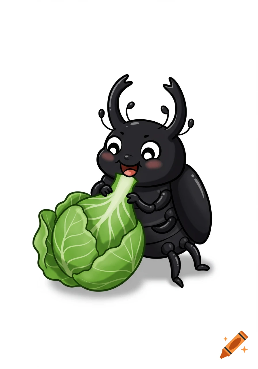 A cute black cartoon beetle with rosy cheeks happily eats a large green cabbage leaf on a white background.