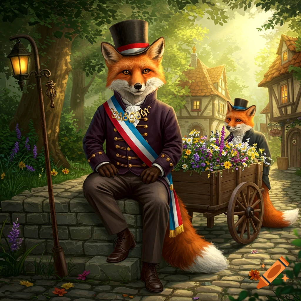 An anthropomorphic fox in a top hat and formal wear with a sash sits on a stone wall, while another fox pushes a flower-filled cart in a whimsical village setting.