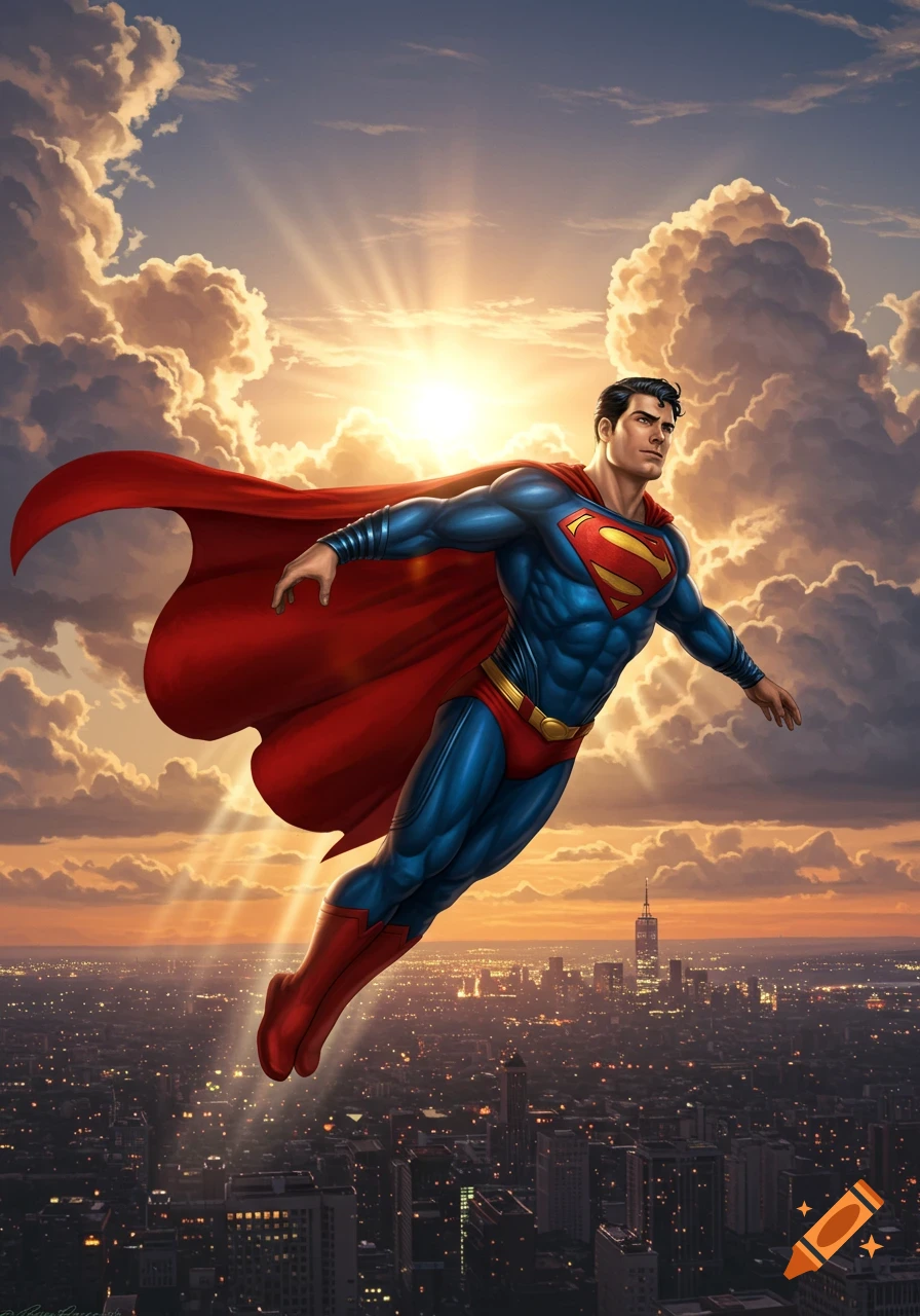 Superman flies high above a city at sunset, with dramatic clouds and sun rays behind him, in a comic book illustration style.