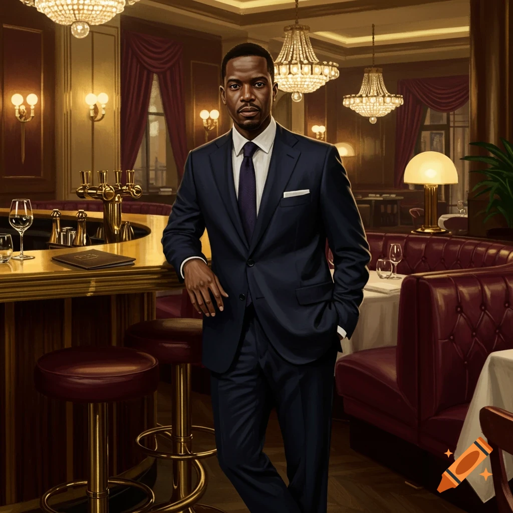 A dapper man in a dark suit and purple tie leans on a polished bar in a luxurious restaurant with chandeliers and red booths.
