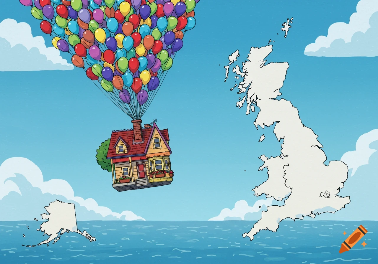 Cartoon drawing of a house flying with colorful balloons over the ocean between outlined maps of Alaska and the UK.