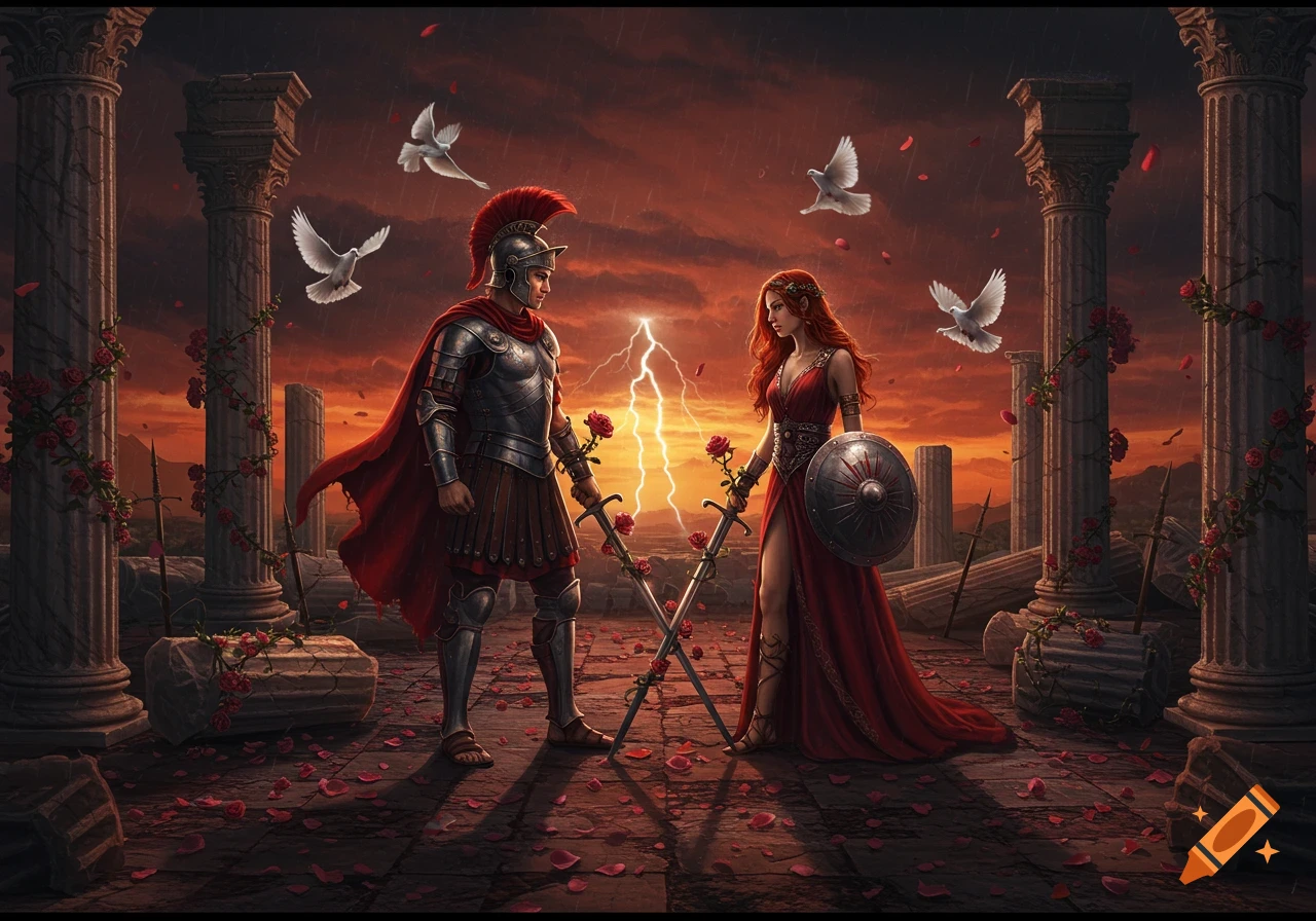 A Roman warrior and a woman in a red dress stand with crossed swords and roses amid ruins, doves fly under a stormy sunset.
