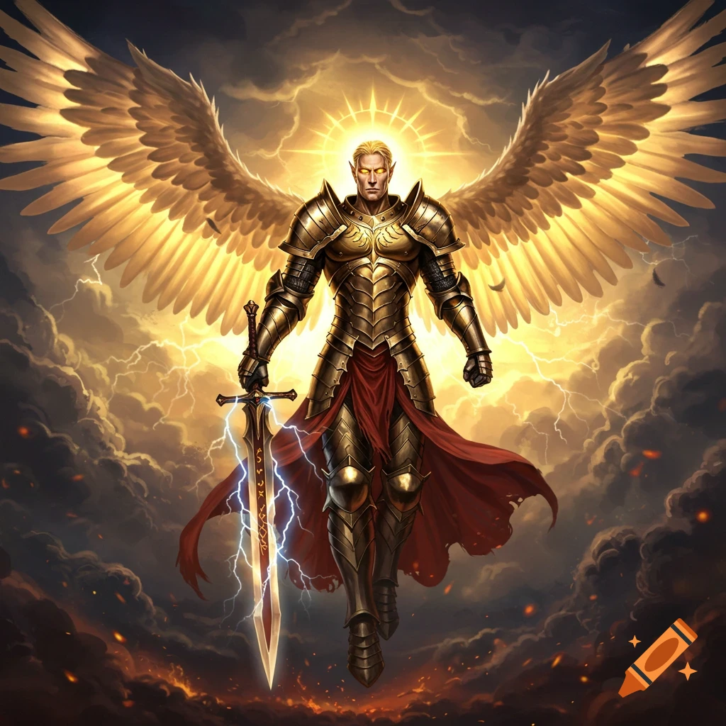 A powerful male angel in golden armor with large, bright wings holds a glowing sword amidst stormy clouds with lightning and fire, in a digital art style.