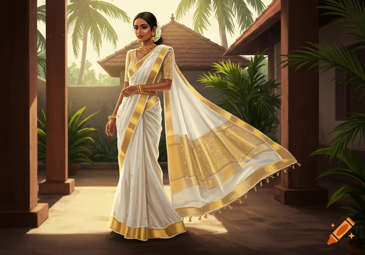 Woman in white and gold Kerala Kasavu saree and gold jewelry, standing elegantly in a sunlit traditional setting.