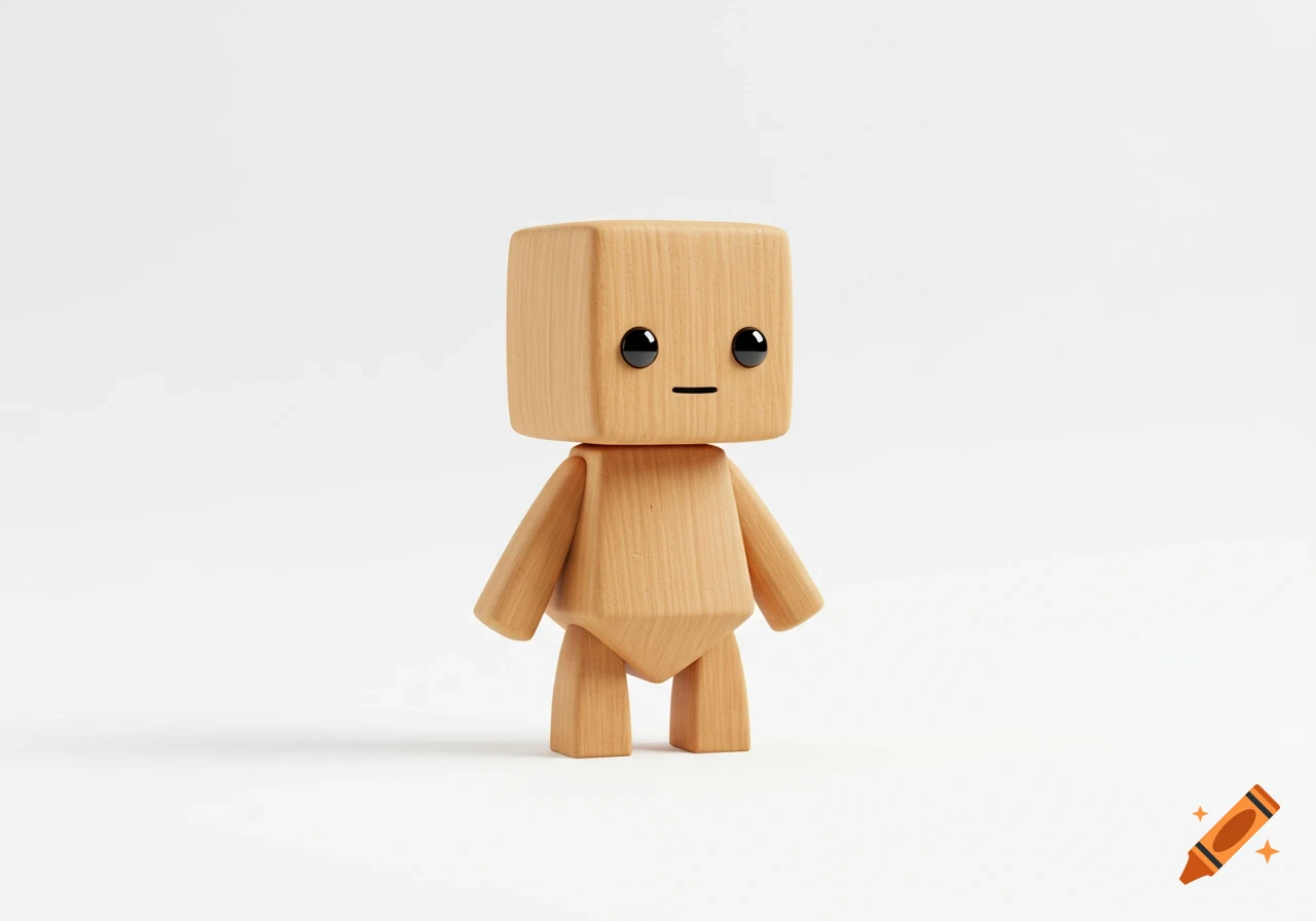 A cute, minimalist wooden bipedal creature with a cube head, black beady eyes, and a slit mouth, on a white background.