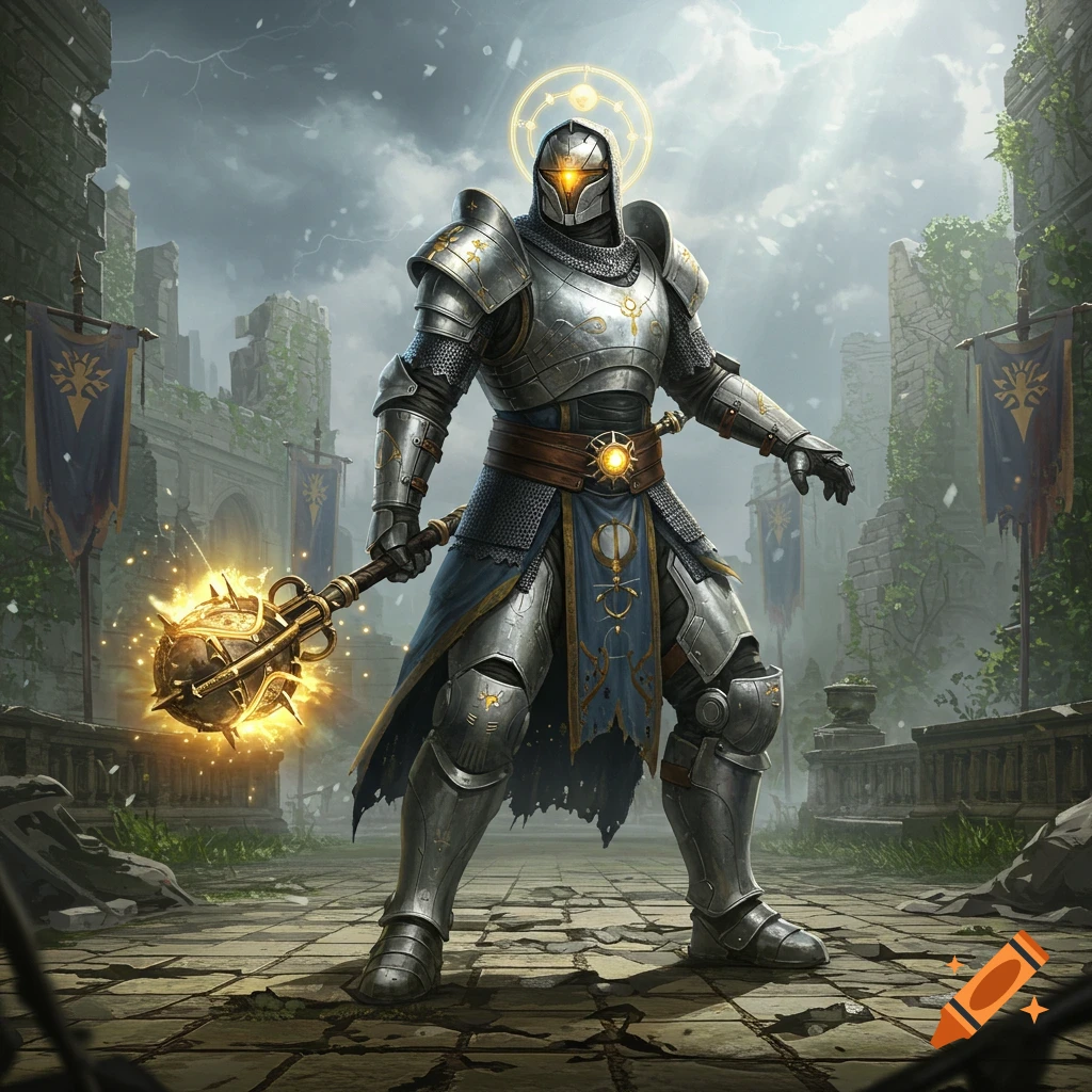 A detailed fantasy image of a heavily armored knight holding a glowing mace in a ruined city.