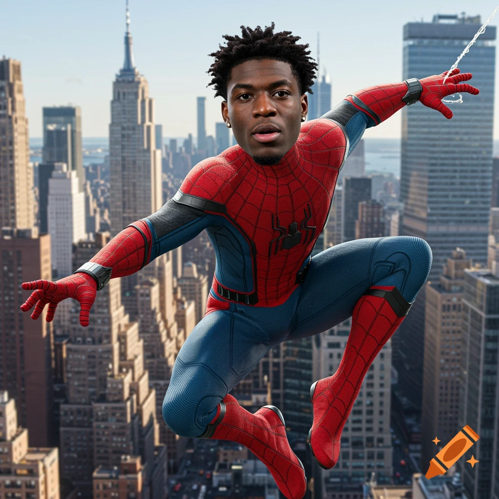 Malik Nabers' head on Spider-Man's body, flying over a city skyline, holding a web string.