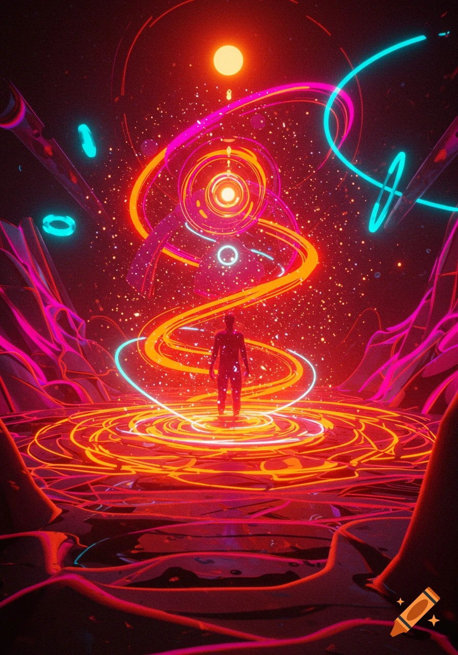 A silhouetted figure stands in a vibrant, glowing red and orange abstract landscape with neon light trails, digital art.