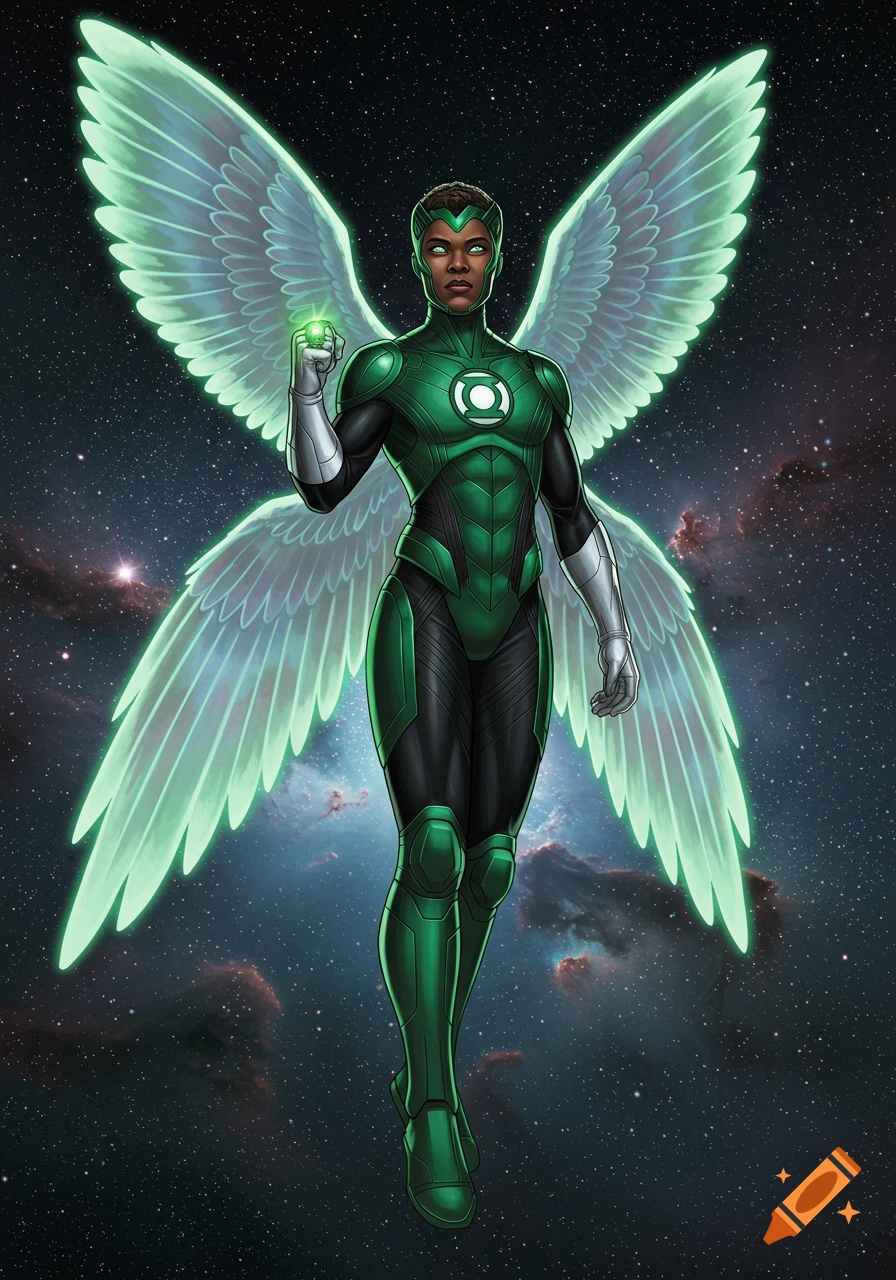 A dark-skinned female superhero in a green and black Green Lantern suit with glowing green energy wings, floating in a starry nebula-filled space.