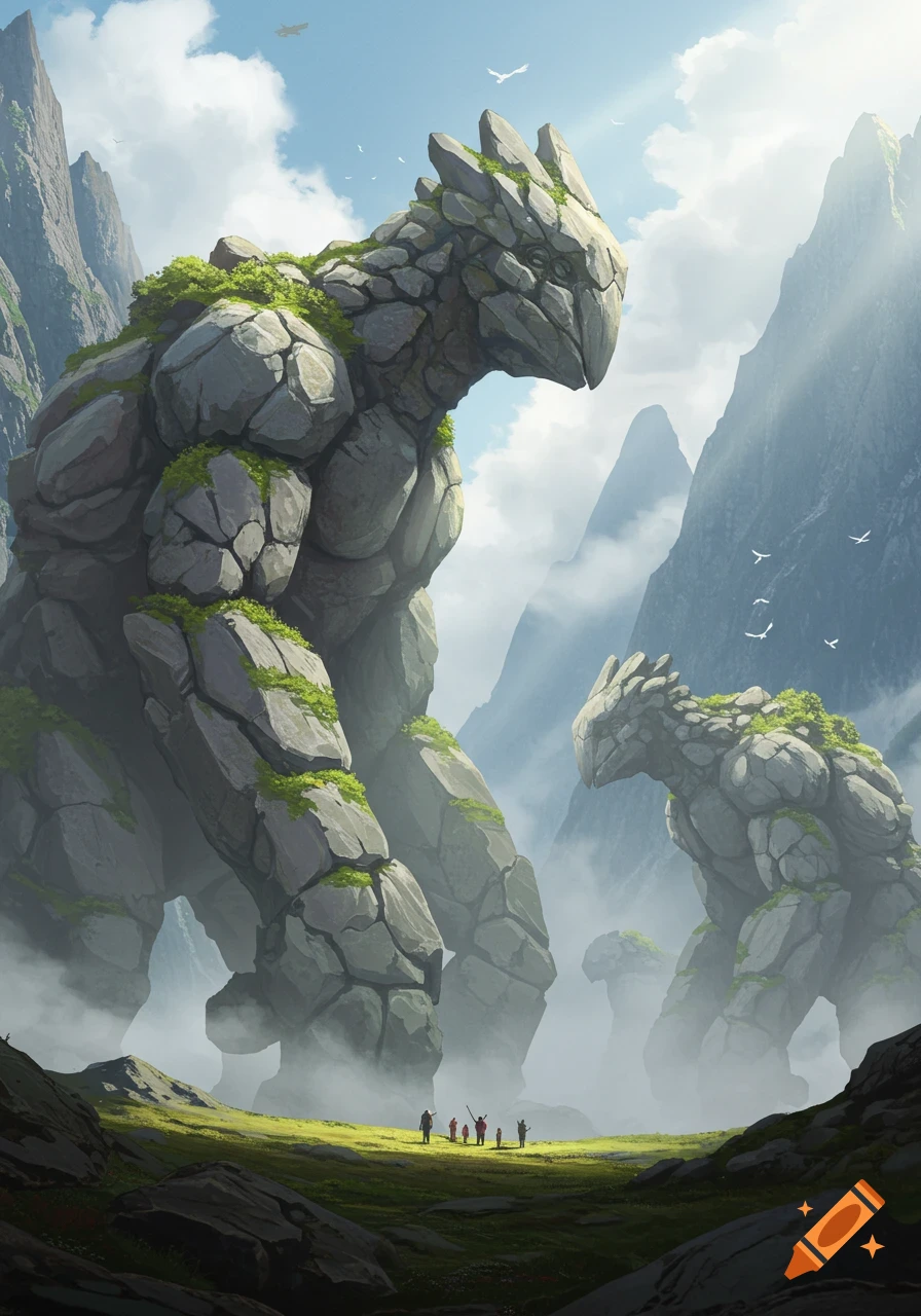 Giant rock golems resembling cassowaries stand among misty mountains, as tiny adventurers look on in a valley.