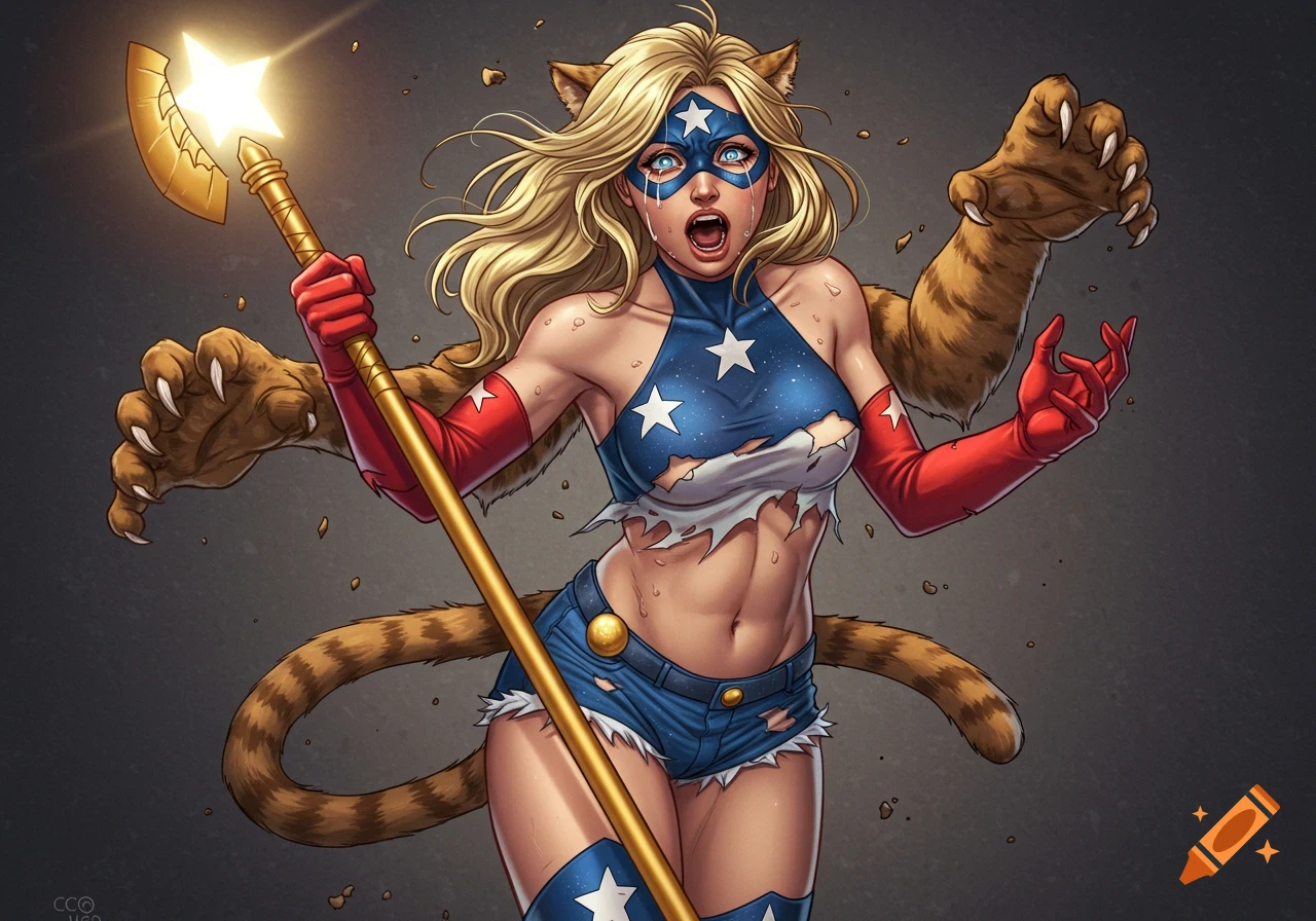 A female superhero, Stargirl, with blonde hair, blue eyes, and a blue and white star-spangled top and shorts, is shown mid-transformation into a werecat, with feline ears, tail, and large paws emerging, holding a glowing golden staff, in a comic art style.