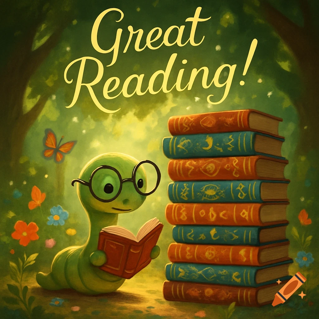 Cute green bookworm with glasses reads a book in a magical forest next to a stack of books. Text: Great Reading!