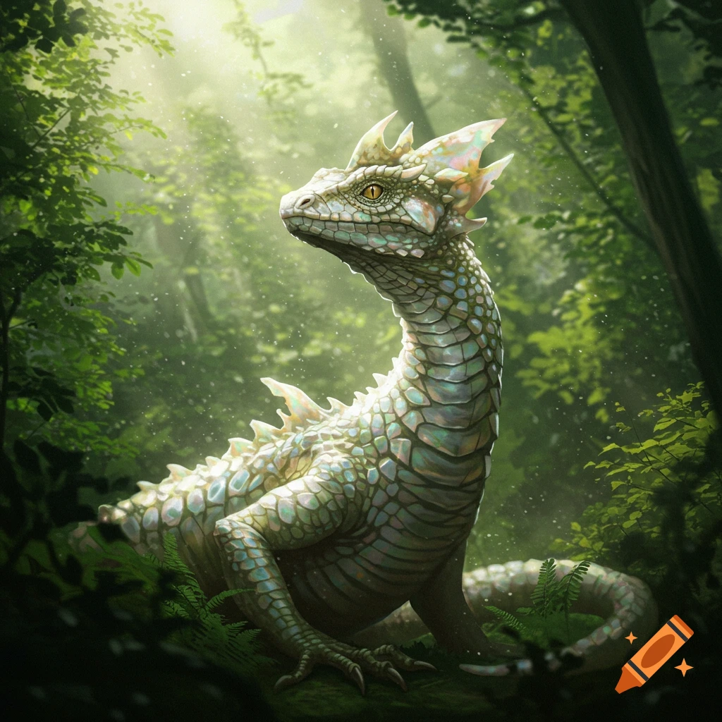 A majestic, iridescent scaly dragon-like creature with glowing eyes sits in a sun-dappled, overgrown forest, digital painting.