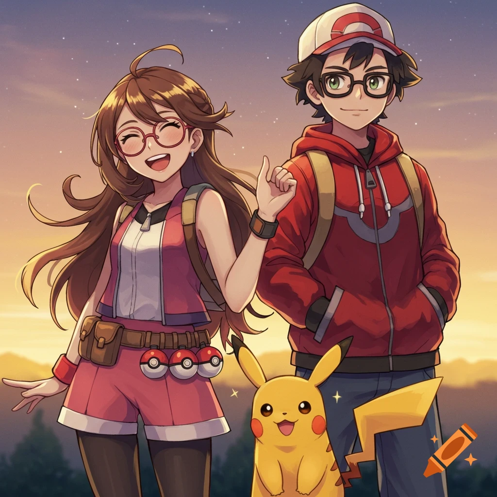 Anime drawing of two smiling Pokémon trainers with a Pikachu. The woman has long brown hair and glasses, and the man wears a red hoodie.