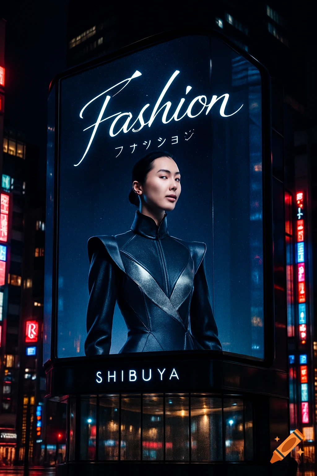 A sleek Asian woman in a black futuristic outfit appears on a brightly lit fashion billboard in a neon-lit Shibuya cityscape at night.