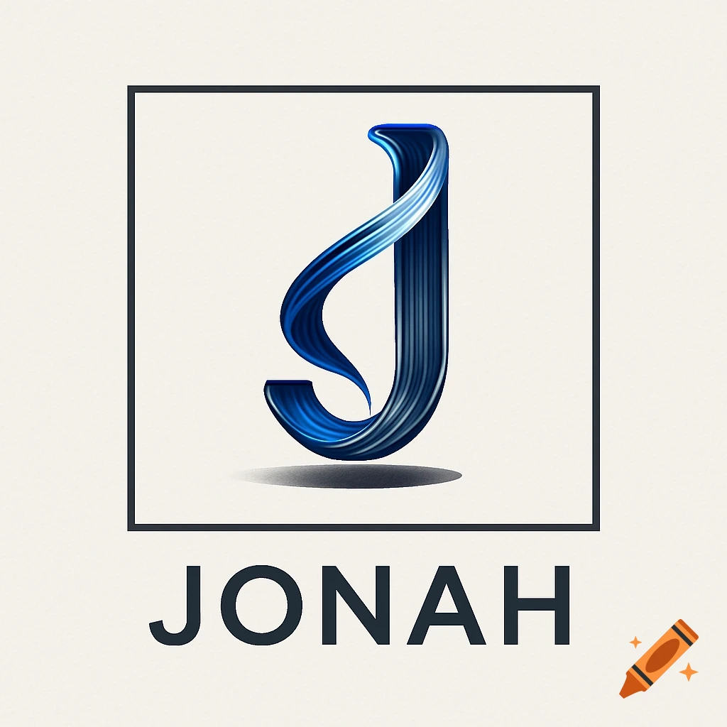 A blue, stylized capital 'J' with a fluid, brushstroke texture, framed in black, with 'JONAH' in dark text below on a light background.